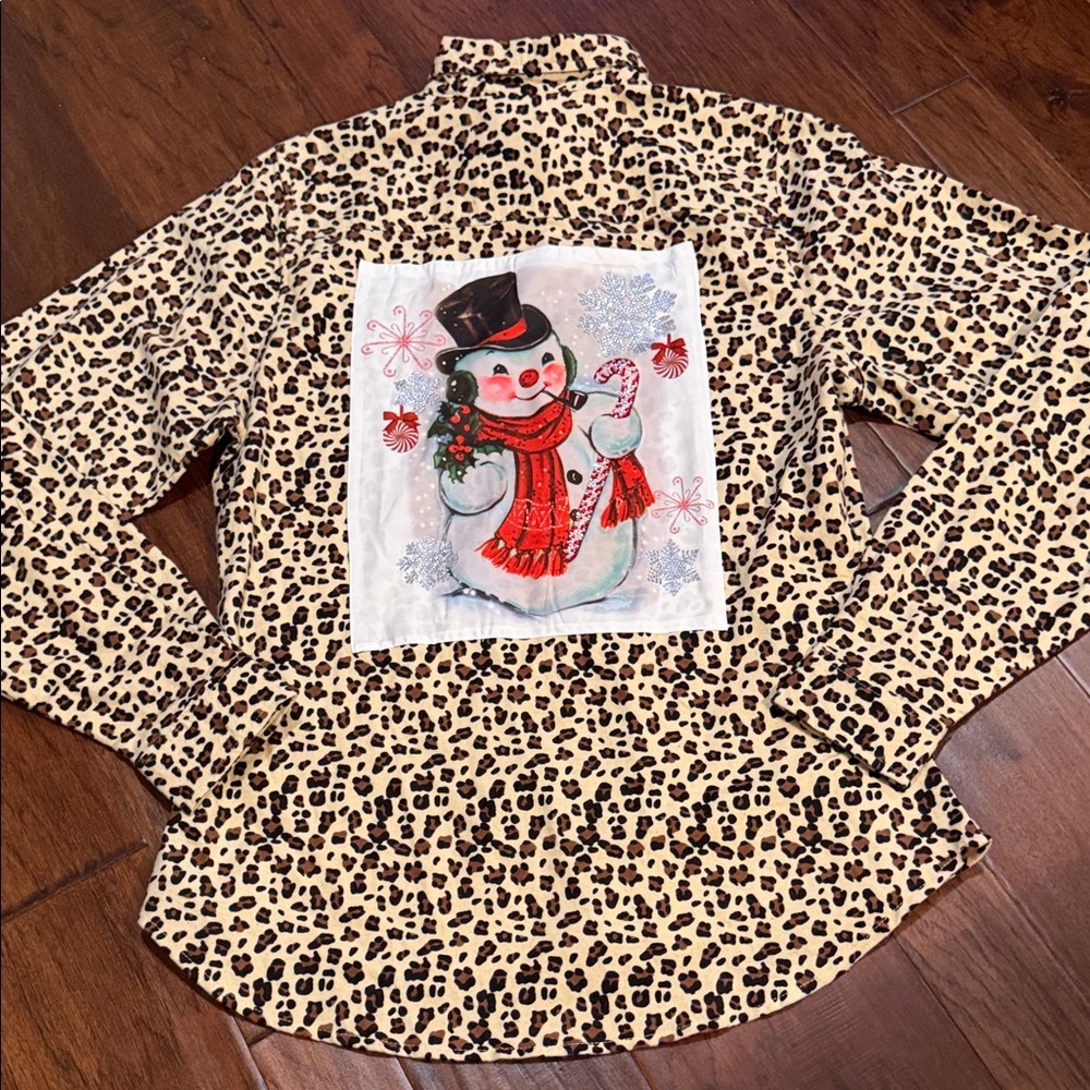 Leopard Print Button Down Shirt with Snowman Design